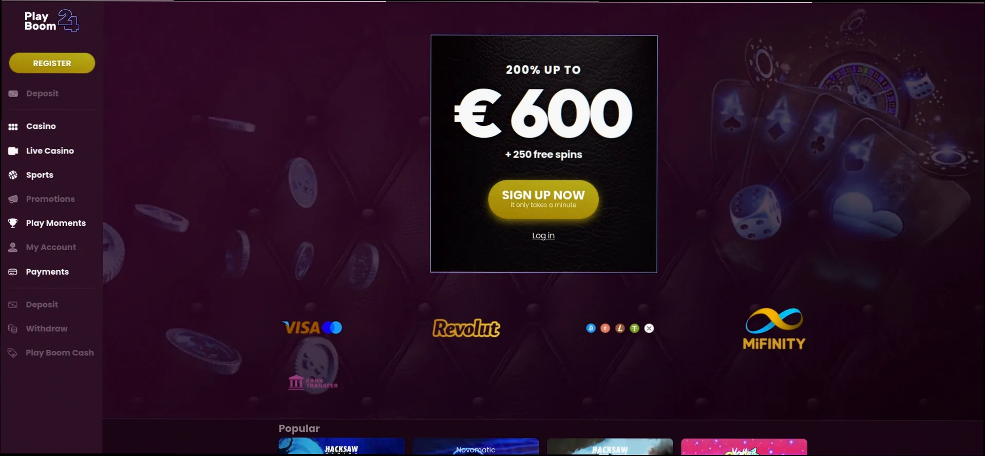Playboom casino welkomstbonus tot €500 en 250 gratis spins
